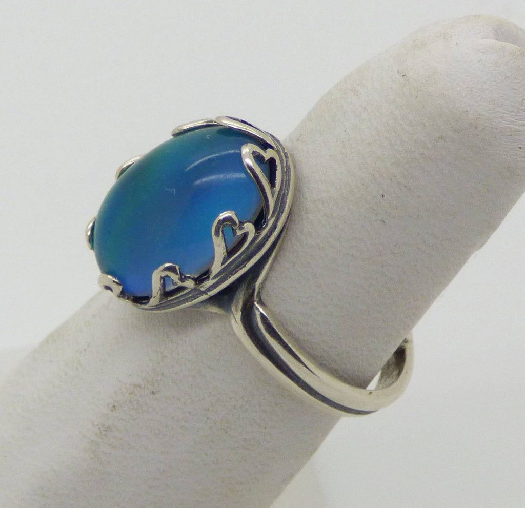 Oval Mood Ring Sterling Silver Hearts Setting, adjustable - Vintage Lane Jewelry