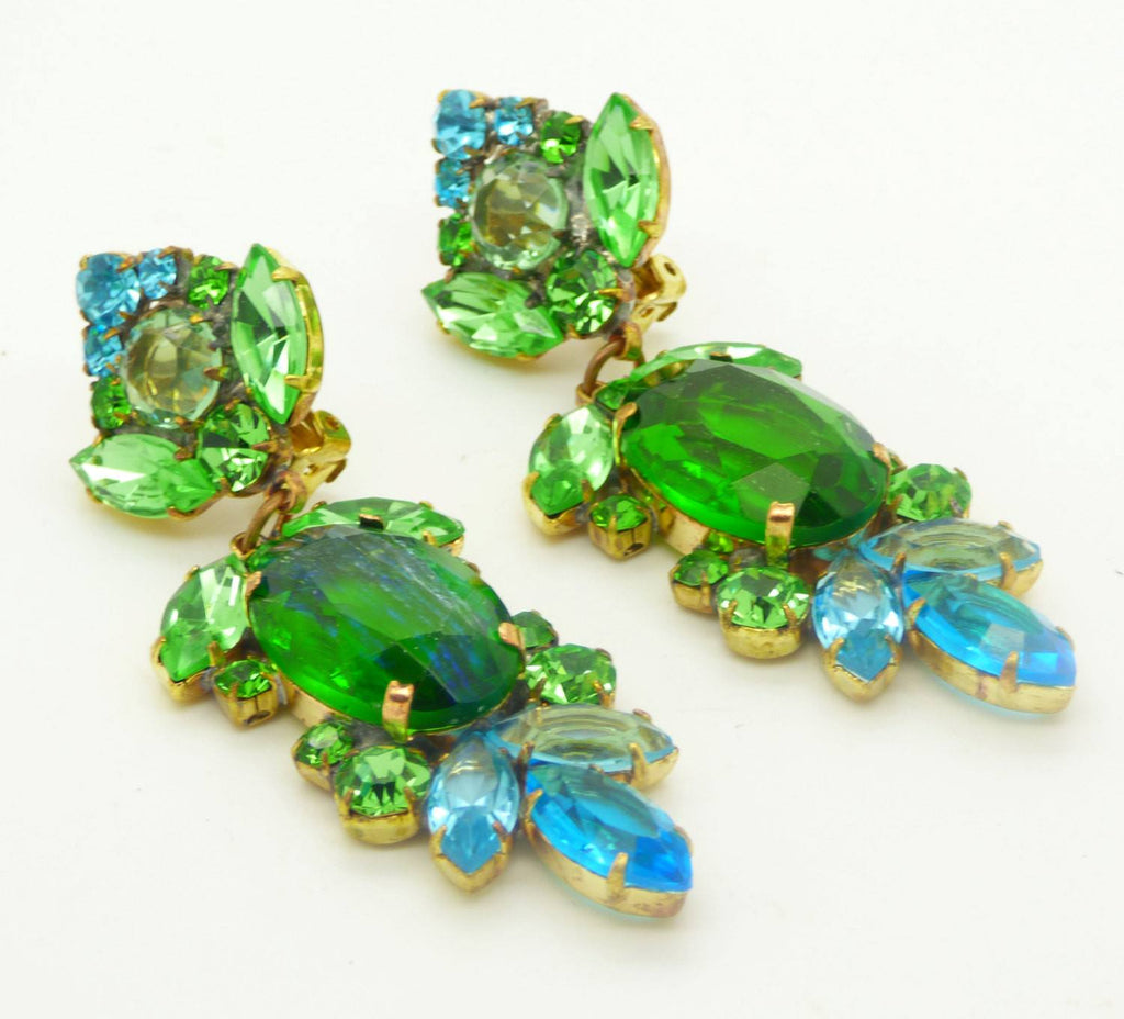 Large Czech Glass Dangling Clip Earrings Aqua Blue and Soft Green - Vintage Lane Jewelry