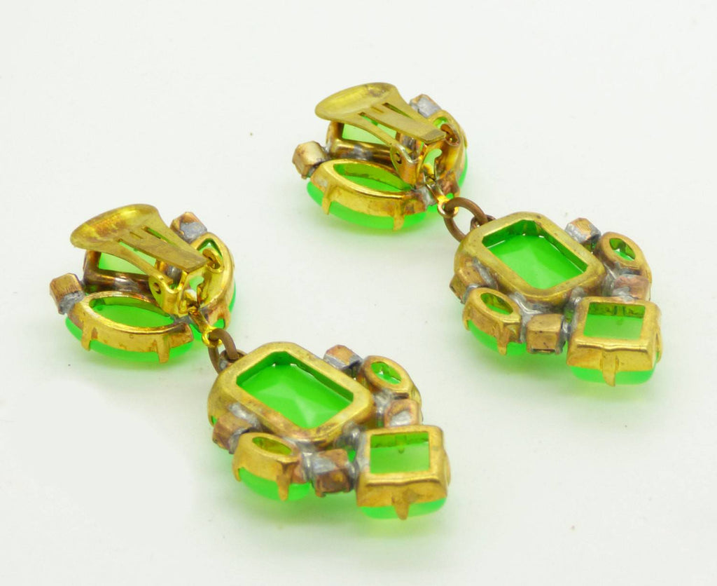 Czech Neon Green Clip Earrings - Vintage Lane Jewelry