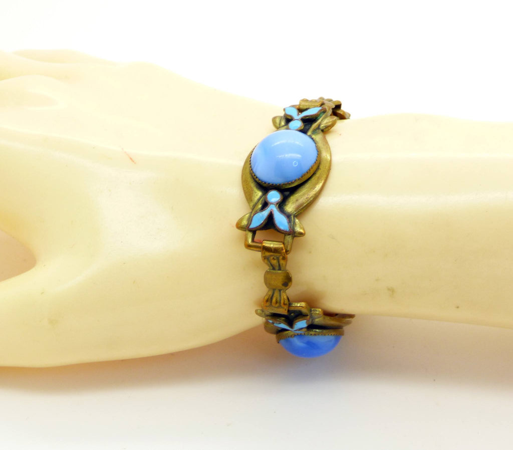 Art Deco Czech Brass and Blue Enamel Bracelet - Vintage Lane Jewelry