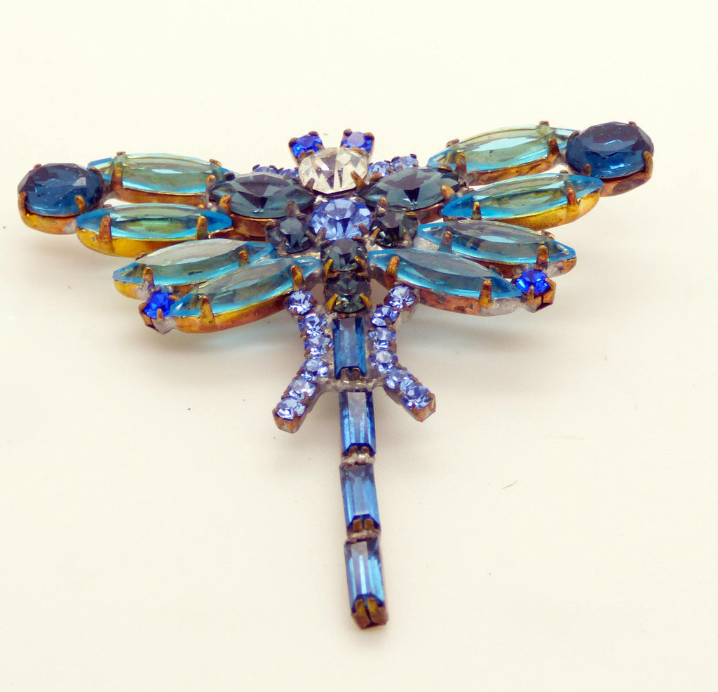 Czech Glass Montana Blue and Aqua Rhinestone Dragonfly Pin Brooch - Vintage Lane Jewelry