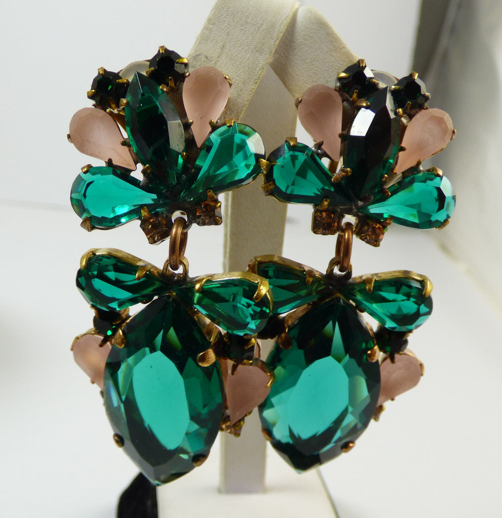 Pink Green Bow Glass Clip Earrings - Vintage Lane Jewelry
