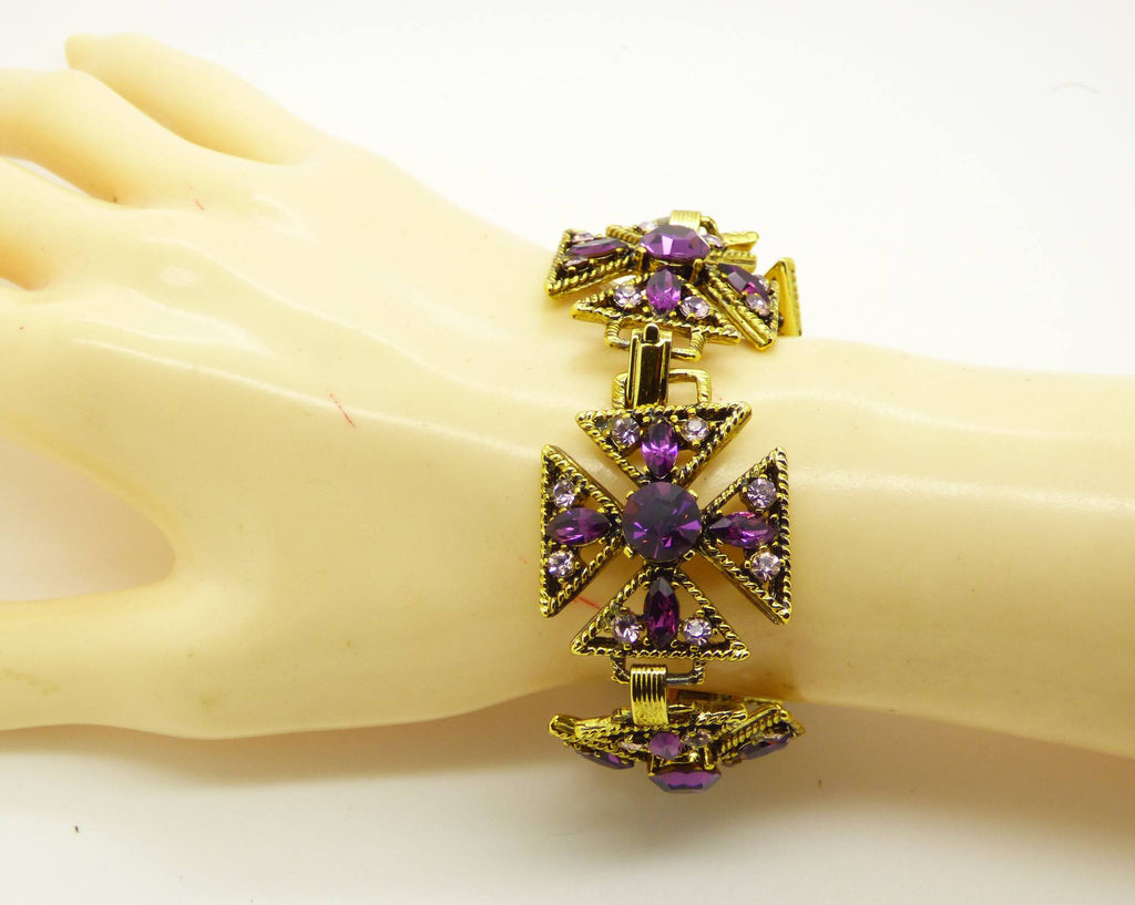 Purple and Lavender Rhinestone Maltese Cross Vintage Bracelet - Vintage Lane Jewelry