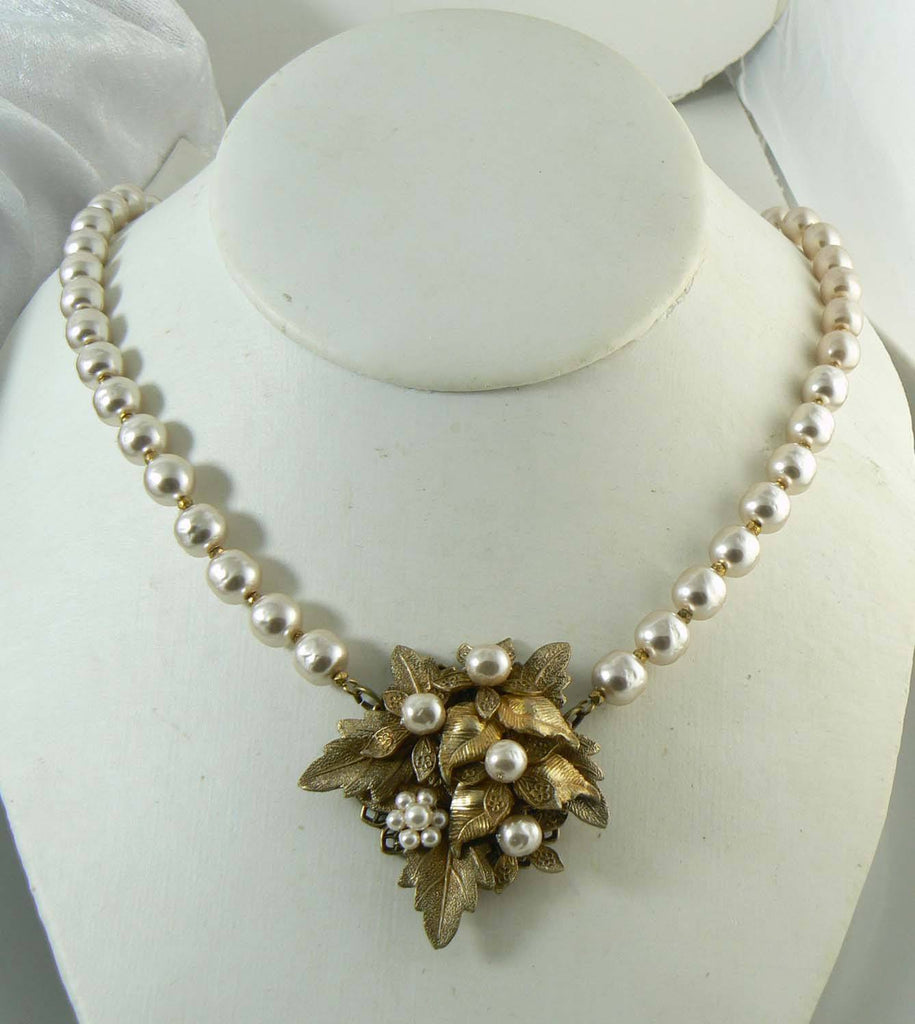 Vintage Miriam Haskell Baroque Pearl Flower and Leaf Pendant Necklace - Vintage Lane Jewelry