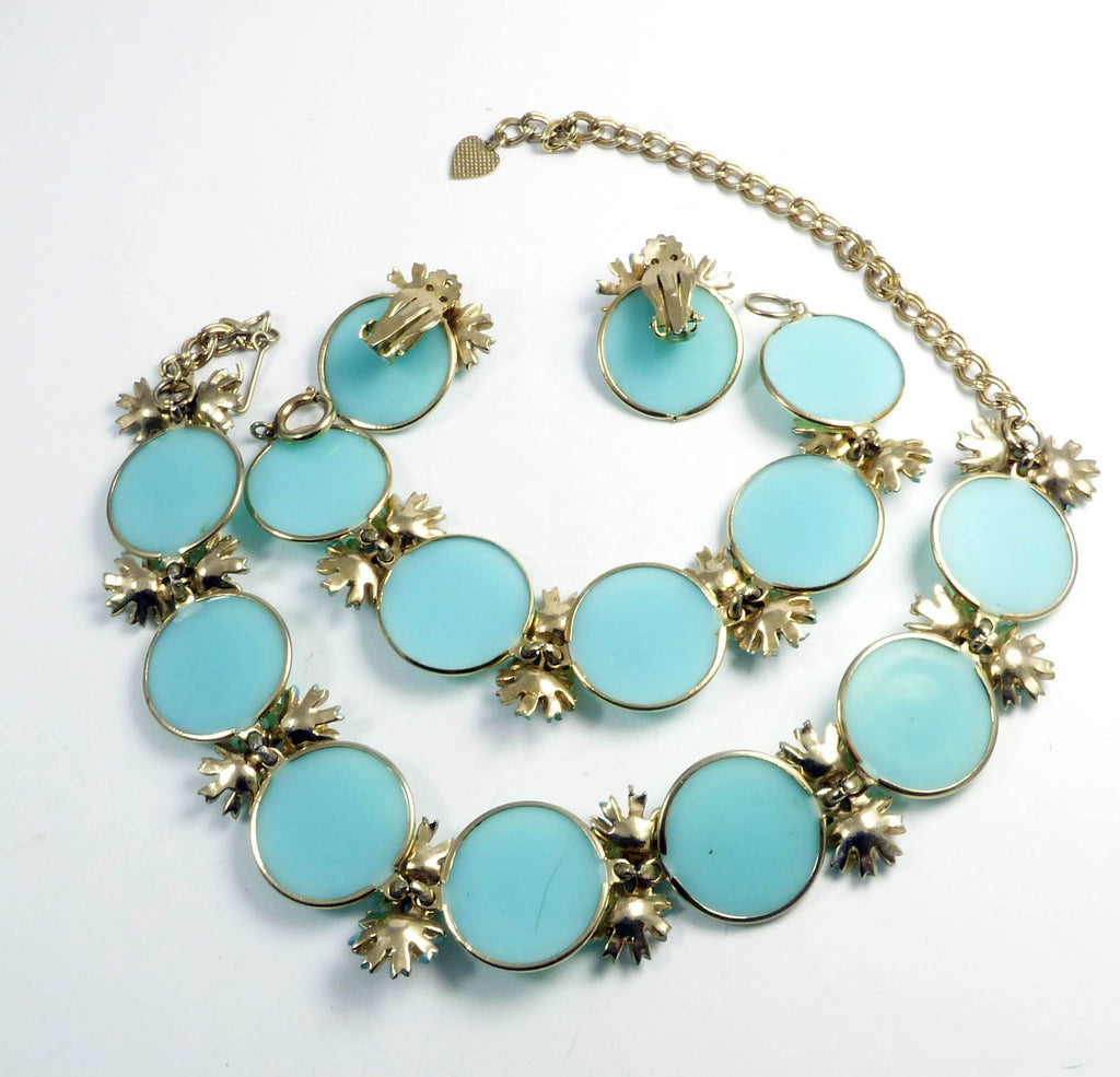 Blue Bead Enamel and Rhinestone Flowers Necklace Bracelet Earring Set - Vintage Lane Jewelry
