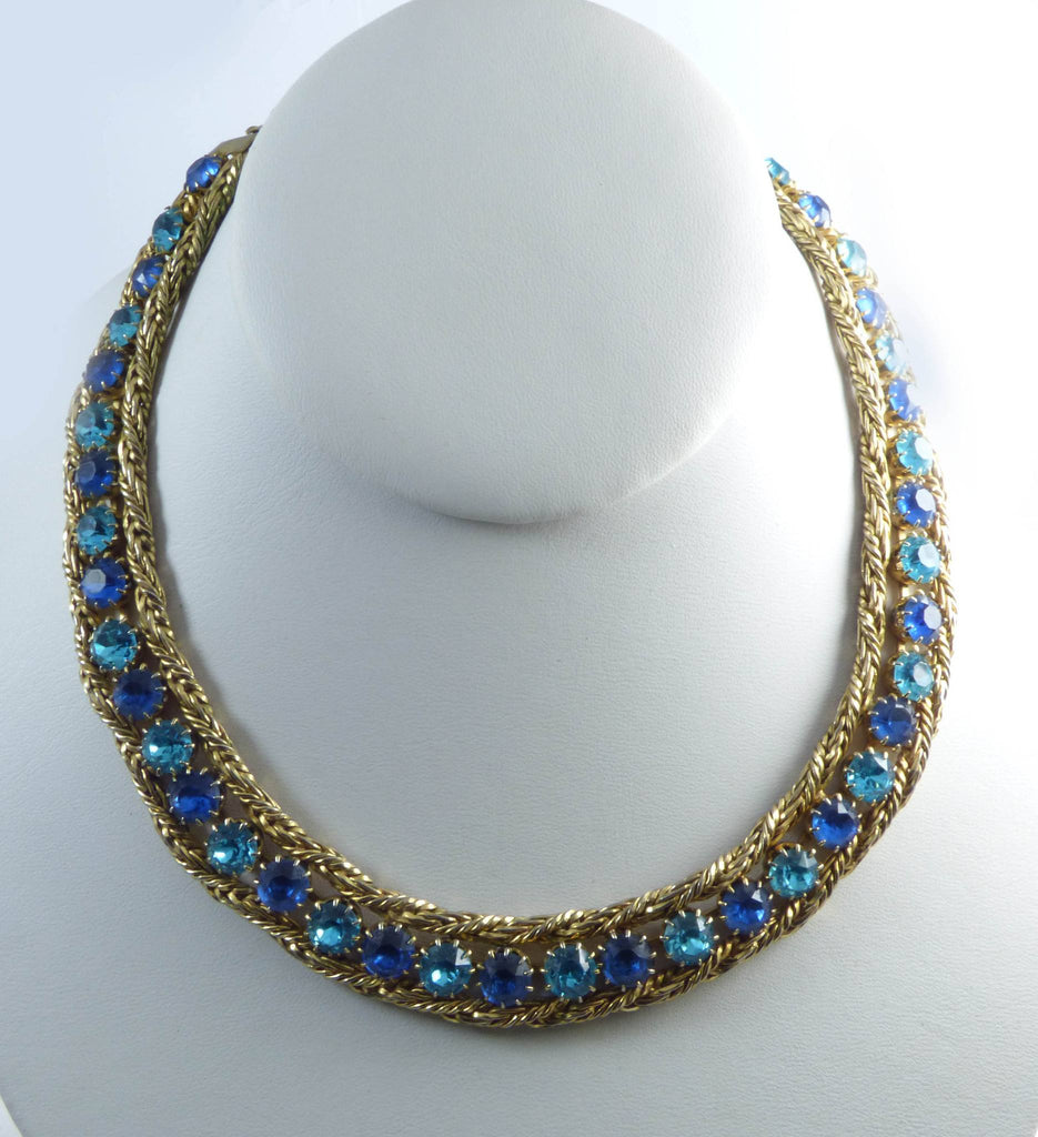 Hattie Carnegie Blue Rhinestone Gold Mesh Necklace Clip Earrings Set - Vintage Lane Jewelry