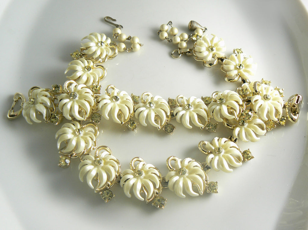 Yellow lucite flowers jonquil rhinestones necklace bracelet set - Vintage Lane Jewelry