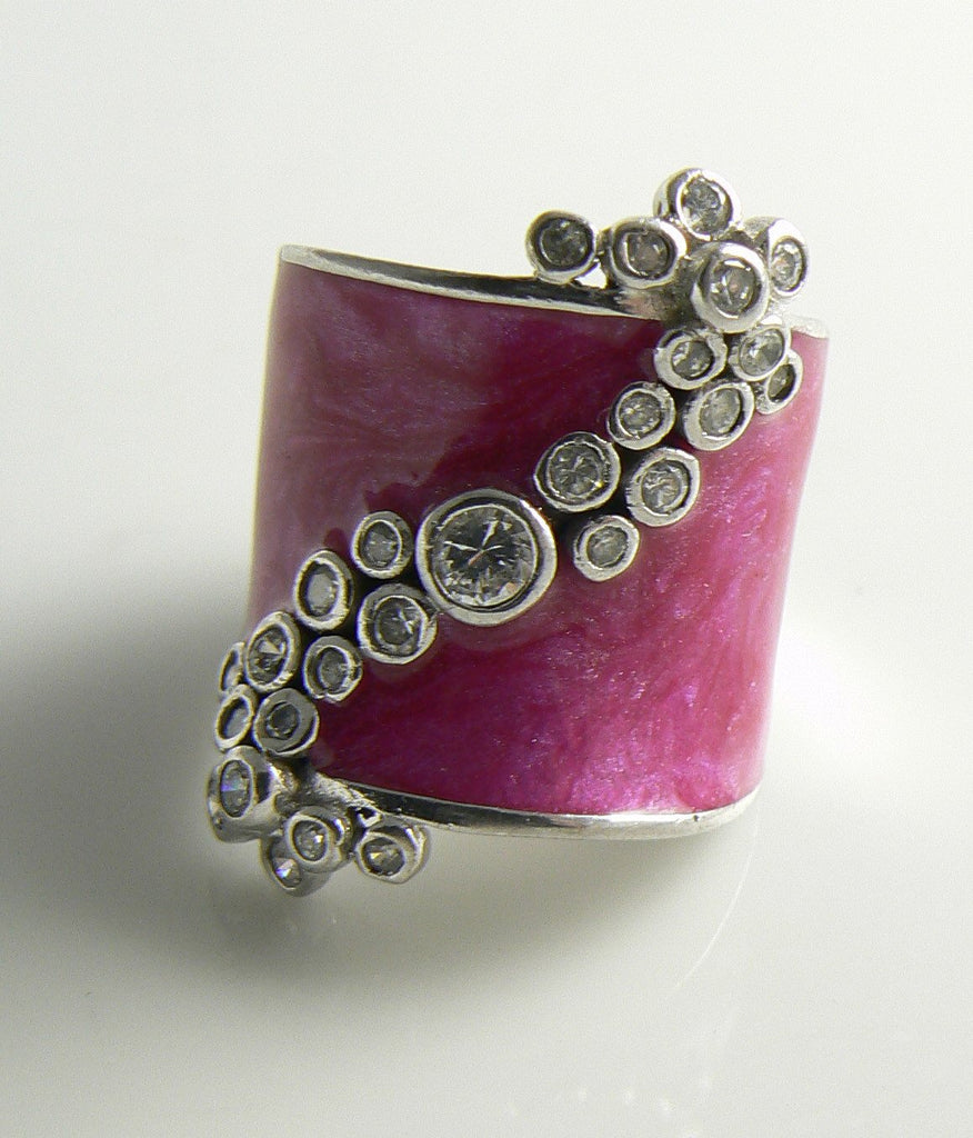 Sterling Silver 925 Pink Enamel Genuine White Topaz Pink Enamel Ring - Vintage Lane Jewelry