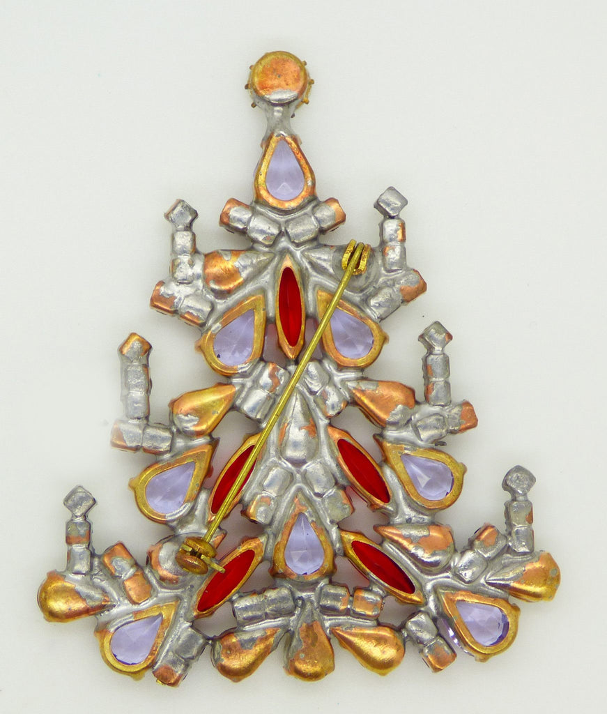 Czech Glass Candles Christmas Tree Brooch, Vintage Rhinestones Xmas Tree Pin - Vintage Lane Jewelry