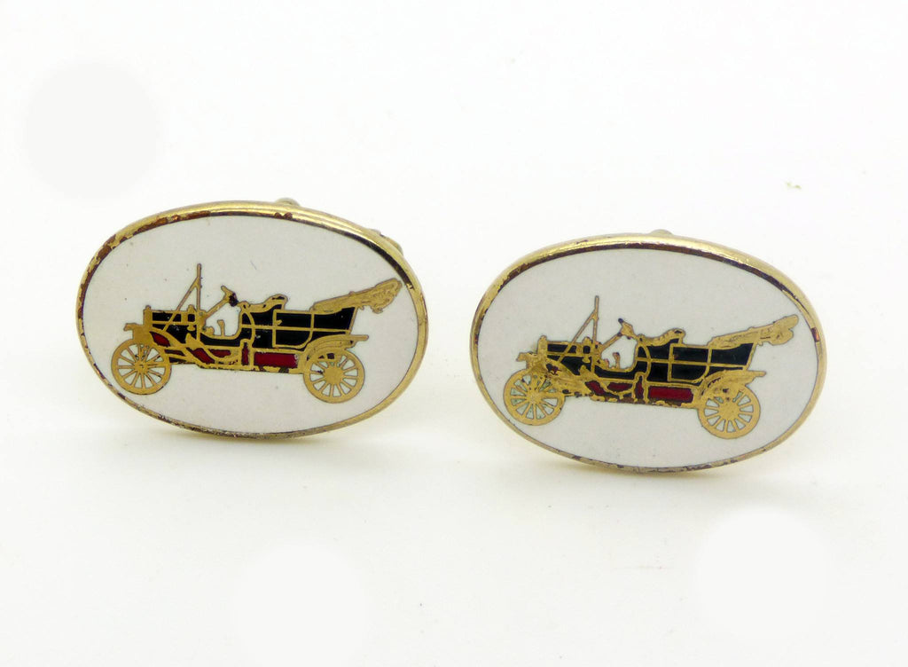 2 Sets of Antique Enamel Car Cufflinks and Matching Tie Clip - Vintage Lane Jewelry