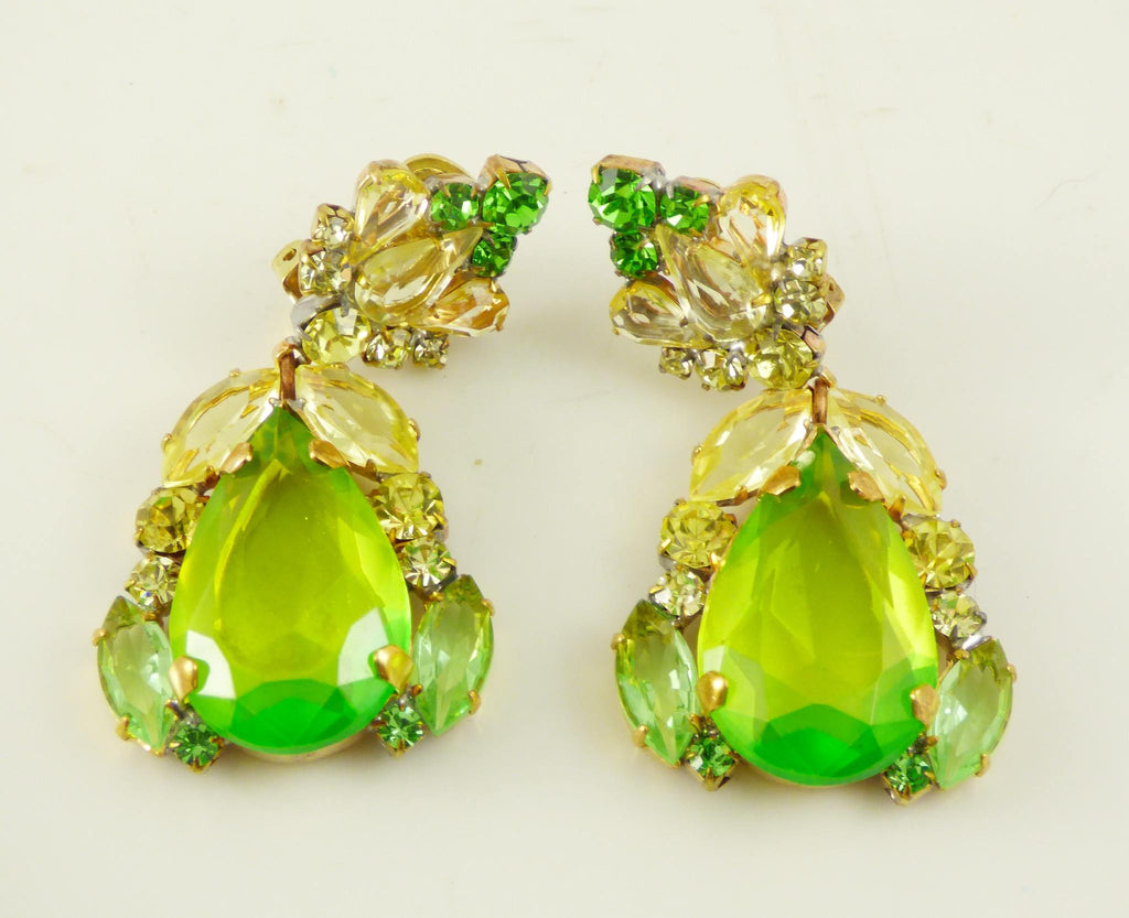 Green Czech Glass Dangling Clip Earrings - Vintage Lane Jewelry