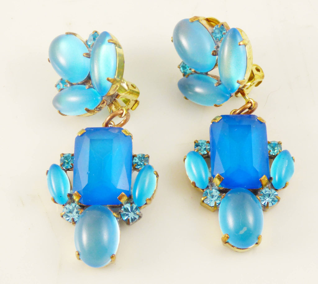 Czech Neon Blue Clip Earrings - Vintage Lane Jewelry
