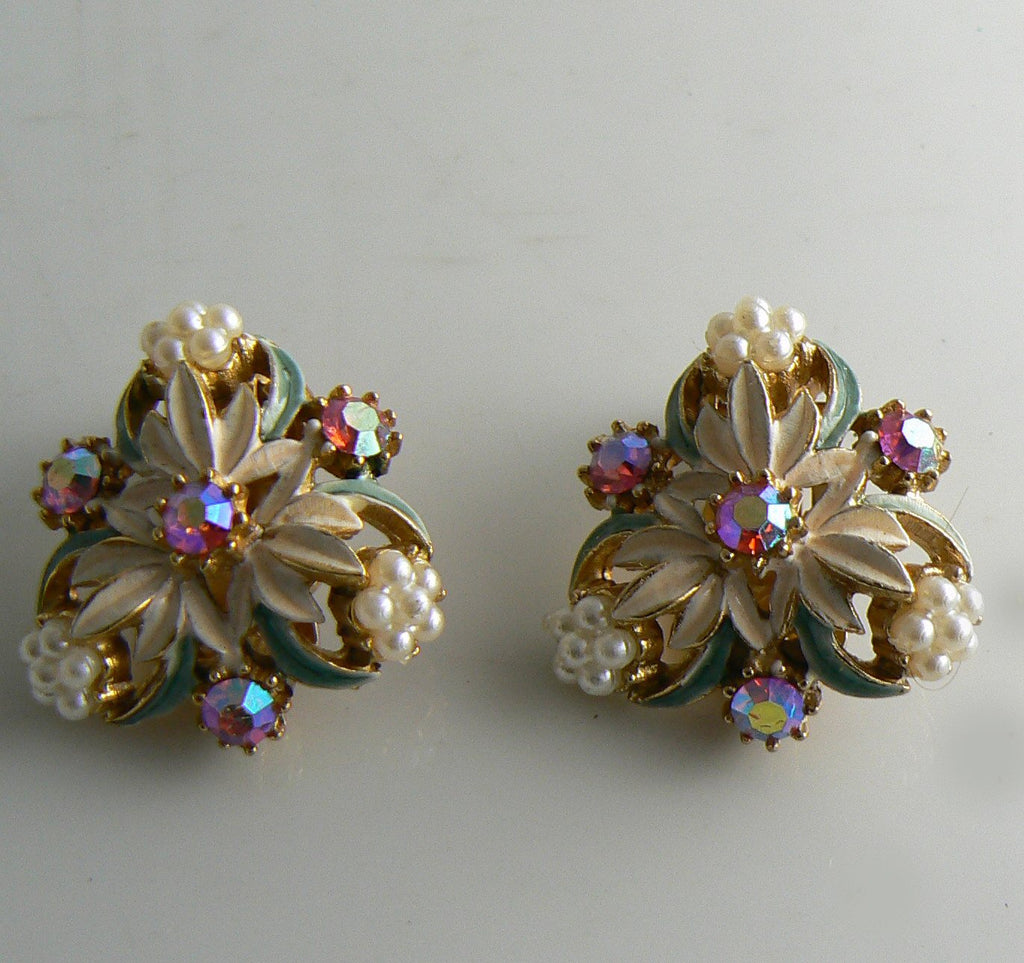 Florenza Enamel, AB Rhinestone Faux Pearl Clip Earrings - Vintage Lane Jewelry