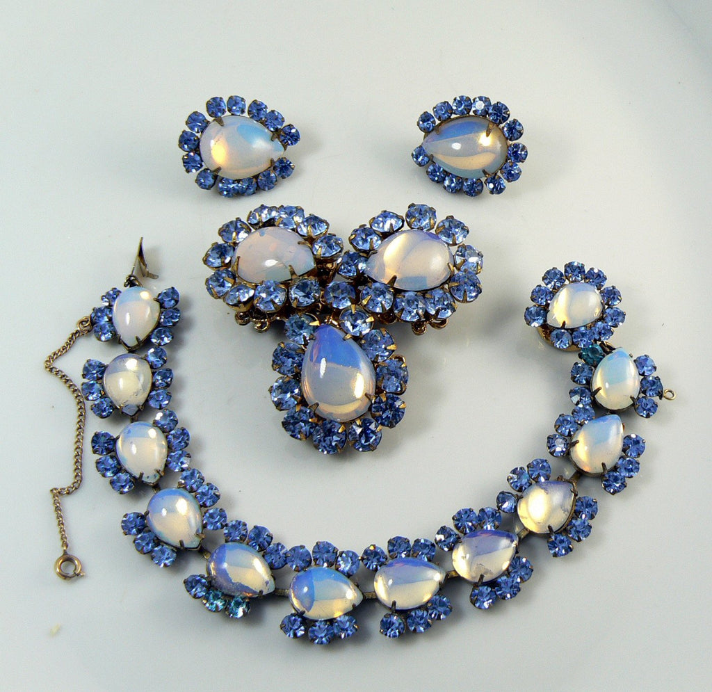 Miriam Haskell Moon Glow Blue Rhinestone Parure, bracelet, brooch and clip earrings - Vintage Lane Jewelry