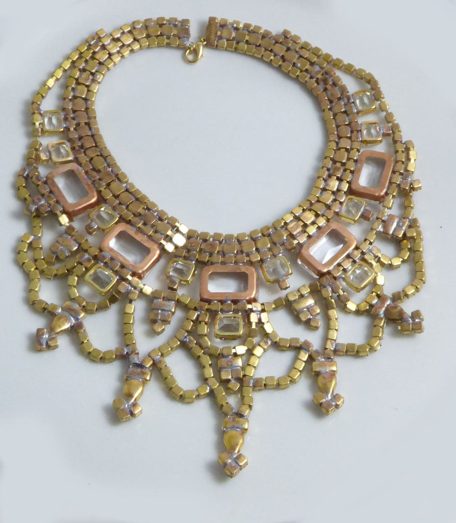 Husar D. Czech Glass Peach Clear Rhinestone Statement Necklace - Vintage Lane Jewelry