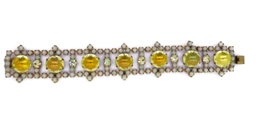 Czech Vaseline Uranium Glass Round Stone Bracelet - Vintage Lane Jewelry