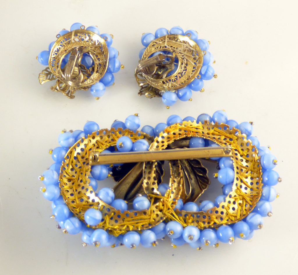 Early Miriam Haskell Blue Glass Bead Gold Ribbon Hand Tied Demi Parure, Clip Earrings - Vintage Lane Jewelry