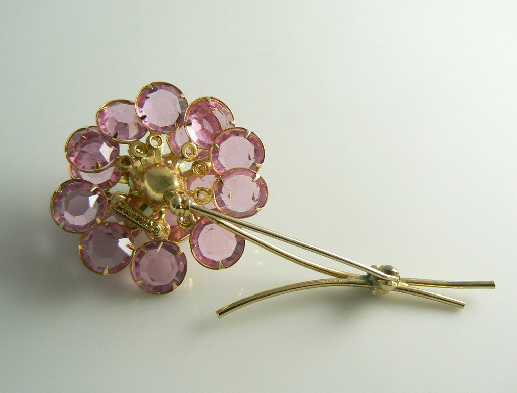 Corocraft bezel set pink crystal flower pin - Vintage Lane Jewelry