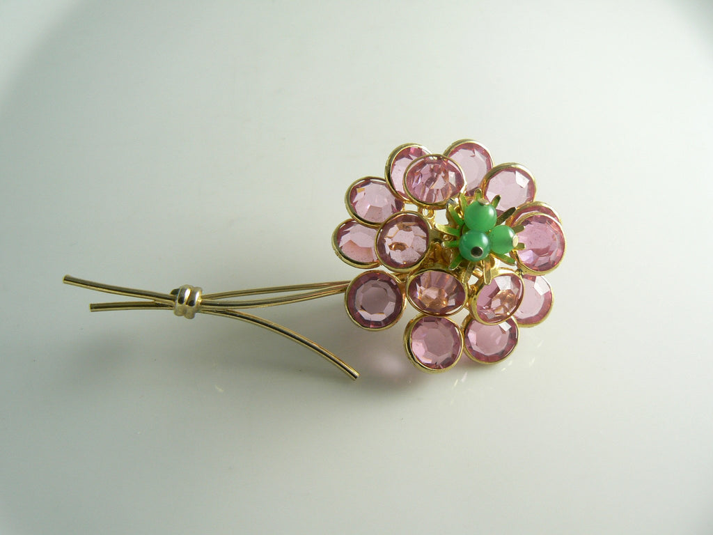 Corocraft bezel set pink crystal flower pin - Vintage Lane Jewelry