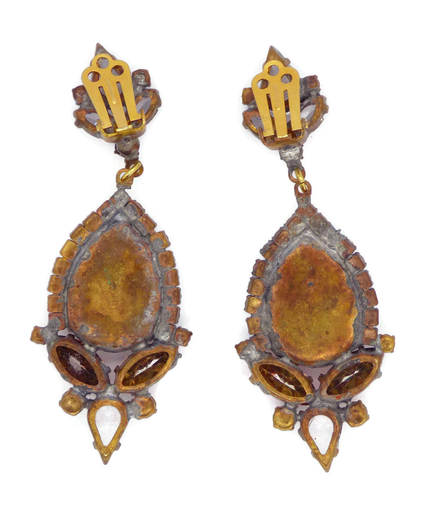 Czech Glass Clear Rhinestone Emerald Green Dangling Clip Earrings - Vintage Lane Jewelry