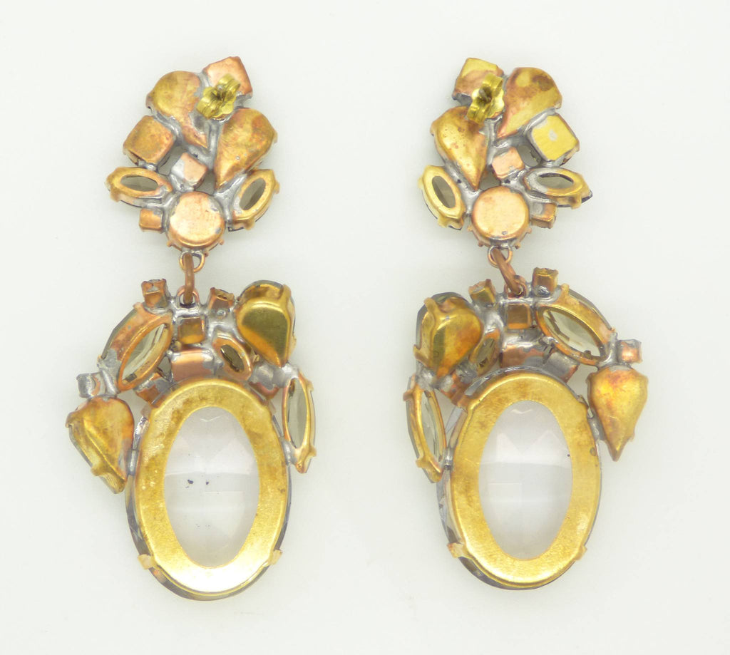 Czech Glass Smoke Grey Dangle Pierced Style Earrings, Rhinestone, open-back - Vintage Lane Jewelry