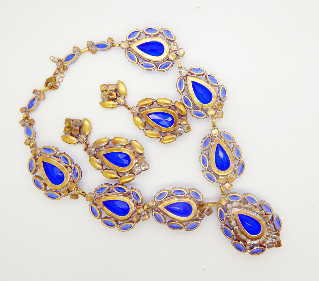 Huge Vivid Sapphire Blue Czech Glass Statement Necklace and matching pierced style earrings - Vintage Lane Jewelry