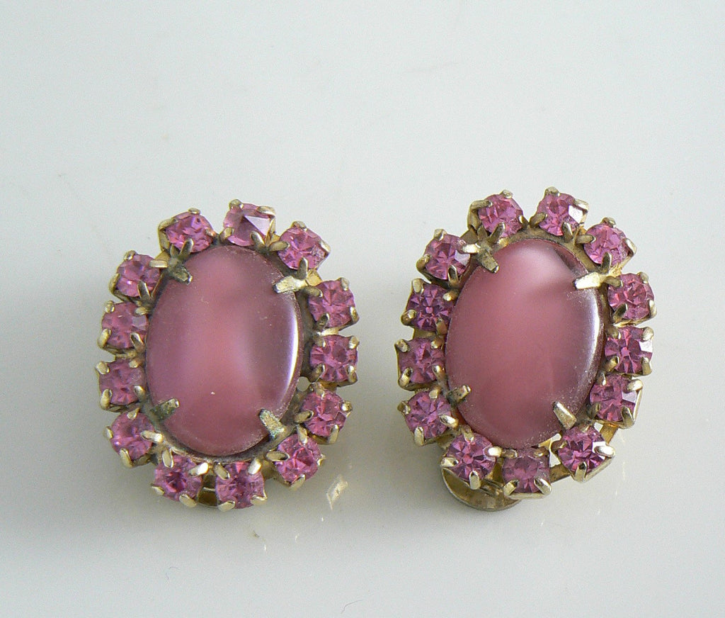 La Rel Pink Cabochon Rhinestone Clip Earrings - Vintage Lane Jewelry