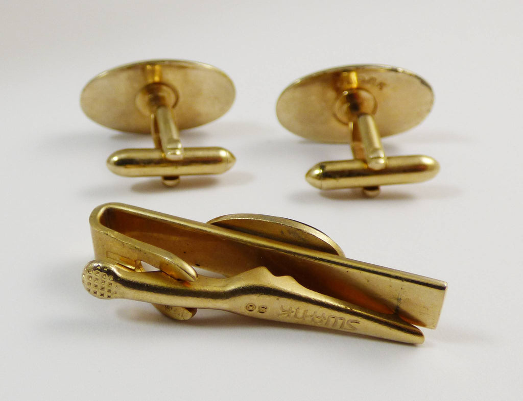 Swank Signed Art Deco Faux Onyx and Crystal Cufflinks and Tie Bar Set - Vintage Lane Jewelry