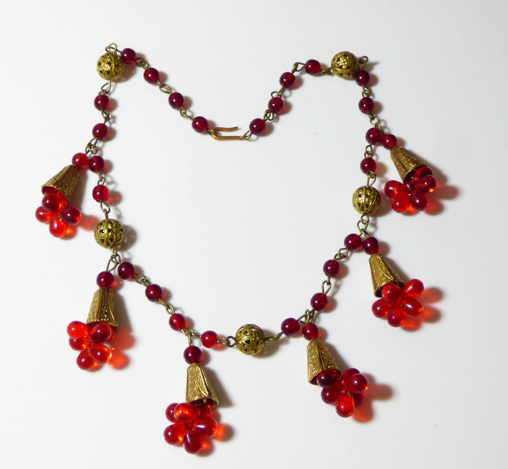 Vintage Early Miriam Haskell Red Glass Bead and Brushed Gold Tone Necklace - Vintage Lane Jewelry