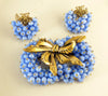 Early Miriam Haskell Blue Glass Bead Gold Ribbon Hand Tied Demi Parure, Clip Earrings - Vintage Lane Jewelry