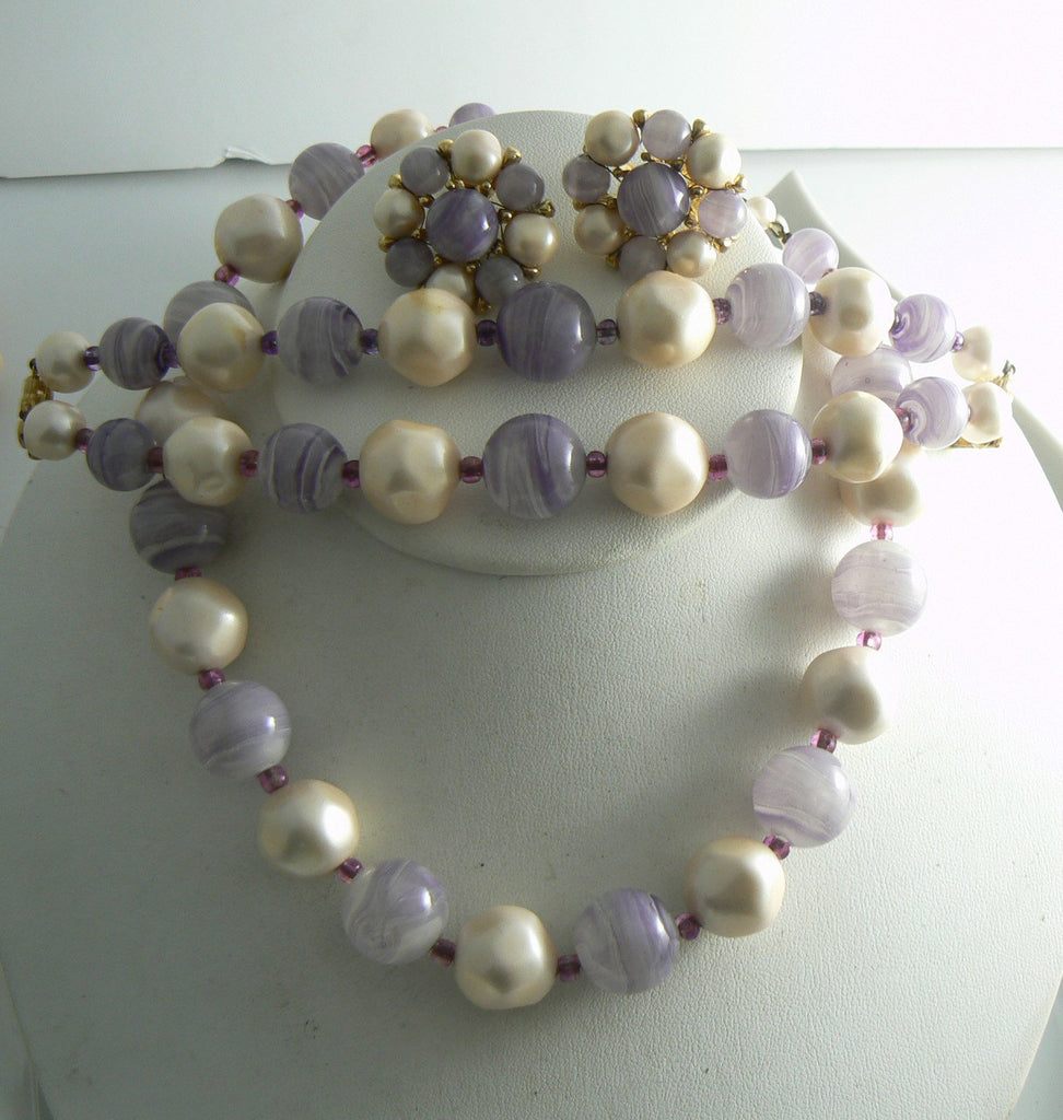 Marvella Lavender And Faux Pearl Bead Necklace Bracelet Set - Vintage Lane Jewelry
