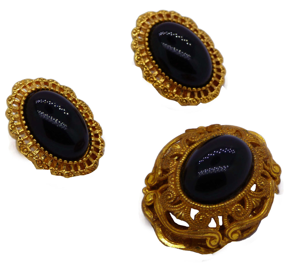 Miriam Haskell Russian Gold Black Glass Demi Parure - Vintage Lane Jewelry