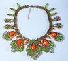 Orange and Green Rhinestones Neon Czech Glass Statement Necklace - Vintage Lane Jewelry