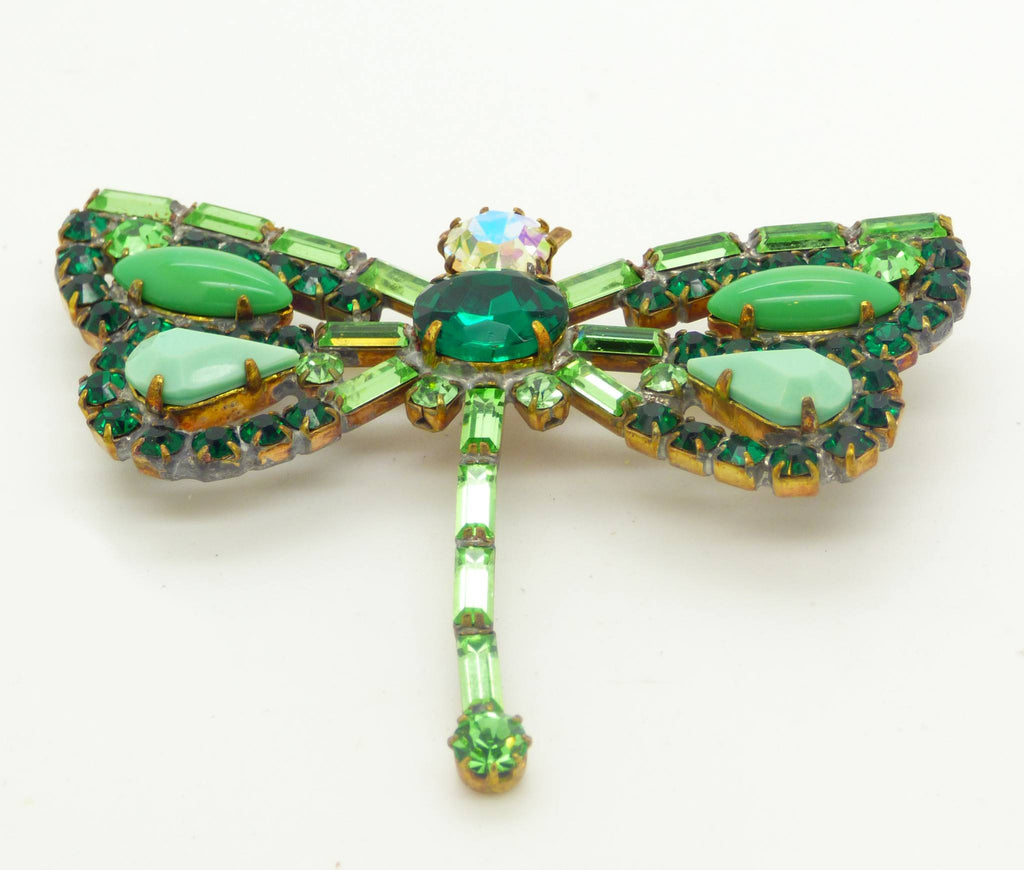 Czech Green Glass Rhinestone Dragonfly Pin - Vintage Lane Jewelry