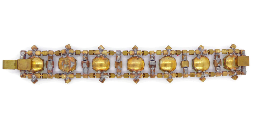 Czech Vaseline Uranium Glass Round Stone Bracelet - Vintage Lane Jewelry