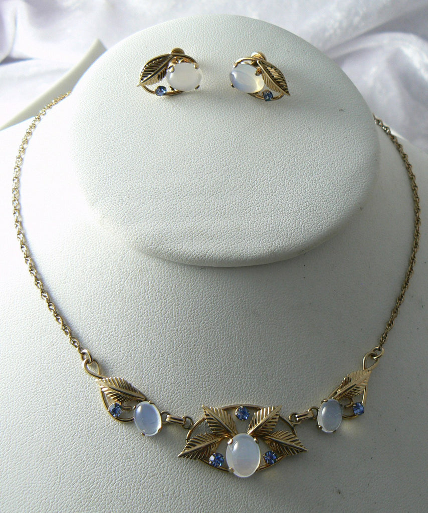 Delicate Moon Stone And Blue Rhinestone Necklace And Earring Set - Vintage Lane Jewelry