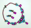 Purple, Pink and Aqua Neon Czech Glass Japanned Necklace and Clip Earrings - Vintage Lane Jewelry