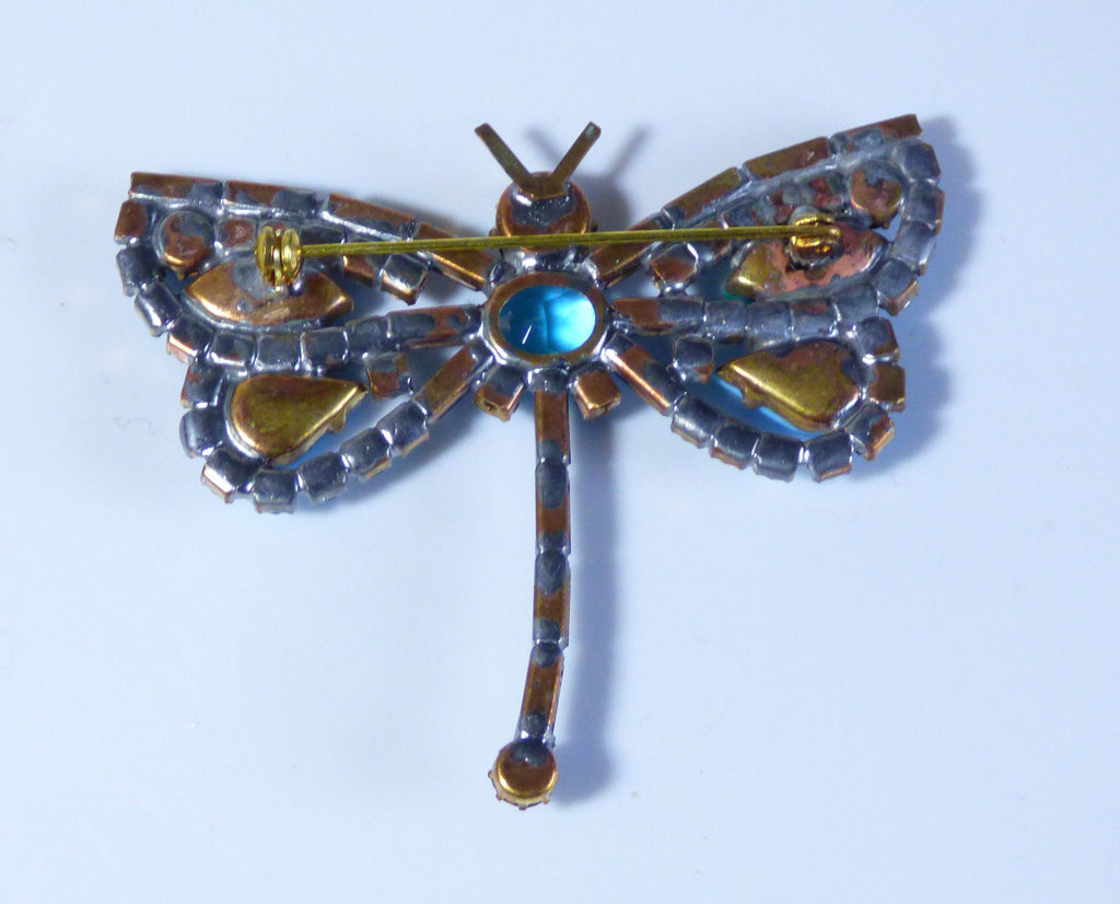 Czech Blue Rhinestone Dragonfly Pin - Vintage Lane Jewelry