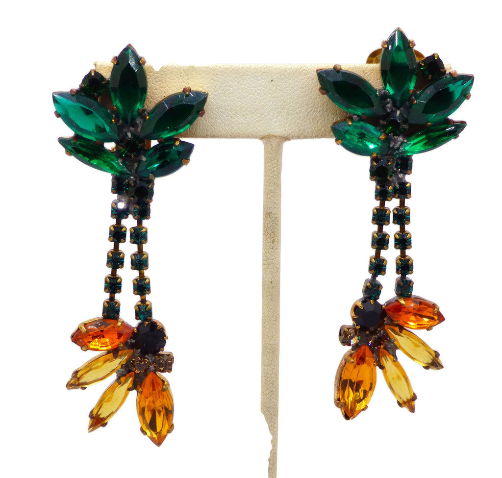 Sunflower Czech Glass Rhinestone Clip Earrings - Vintage Lane Jewelry