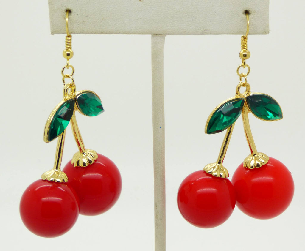 Red Cherries Parure Bib Fringe Necklace, Bracelet and Earrings, Lucite Cherries and Green Rhinestones - Vintage Lane Jewelry