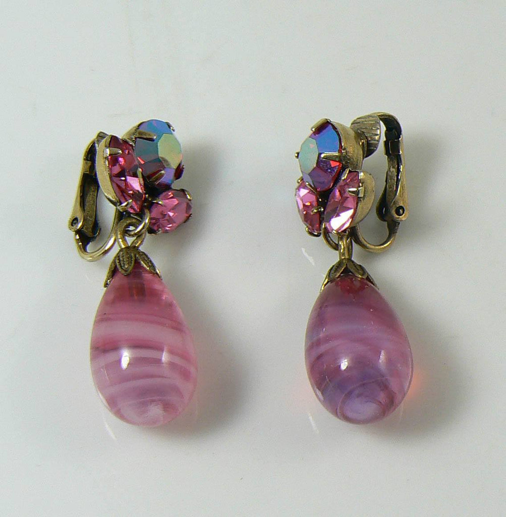 Vintage Regency Pink Art Glass Dangle Clip Earrings - Vintage Lane Jewelry