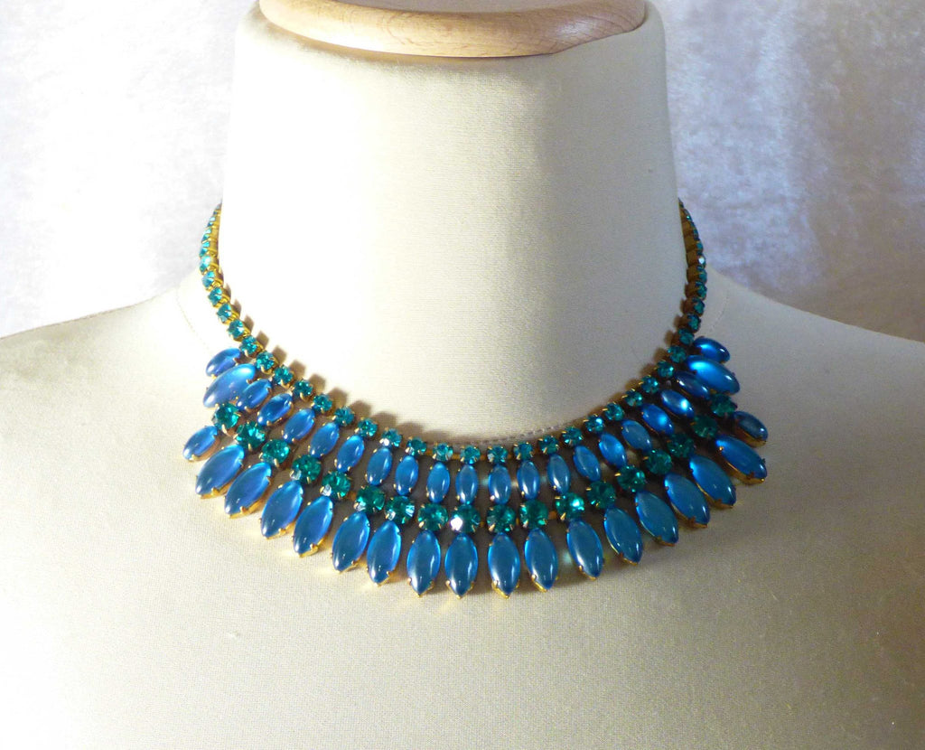 Czech Glass Sky Blue Cabochon Rhinestone Fringe Necklace & matching pierced style earrings - Vintage Lane Jewelry