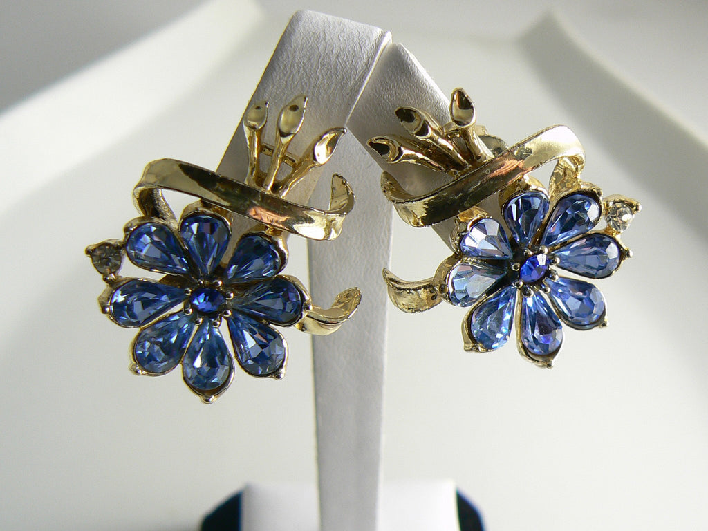 Vintage Blue Glass Rhinestone Daisy Clip Earrings - Vintage Lane Jewelry