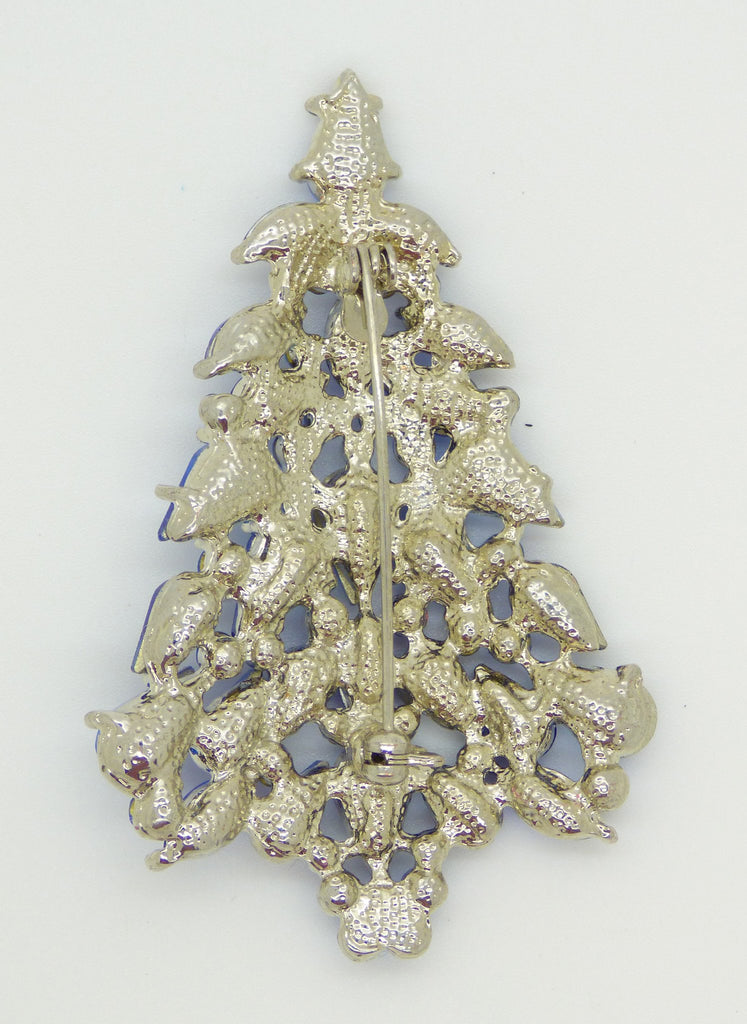 Rhinestone Multicolored Glass Christmas Tree Pin, Holiday Brooch, X-mas Pin - Vintage Lane Jewelry