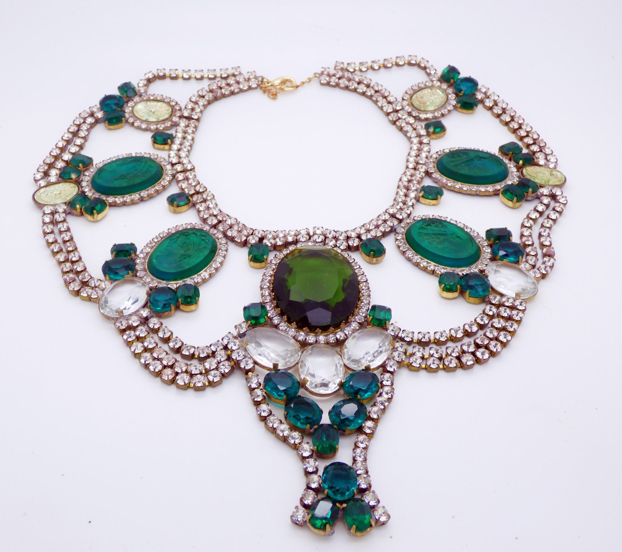 Czech Statement Rhinestone Green Glass Cameo Necklace