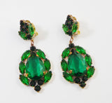 Emerald Green Czech Glass Huge Dangling Clip Earrings - Vintage Lane Jewelry