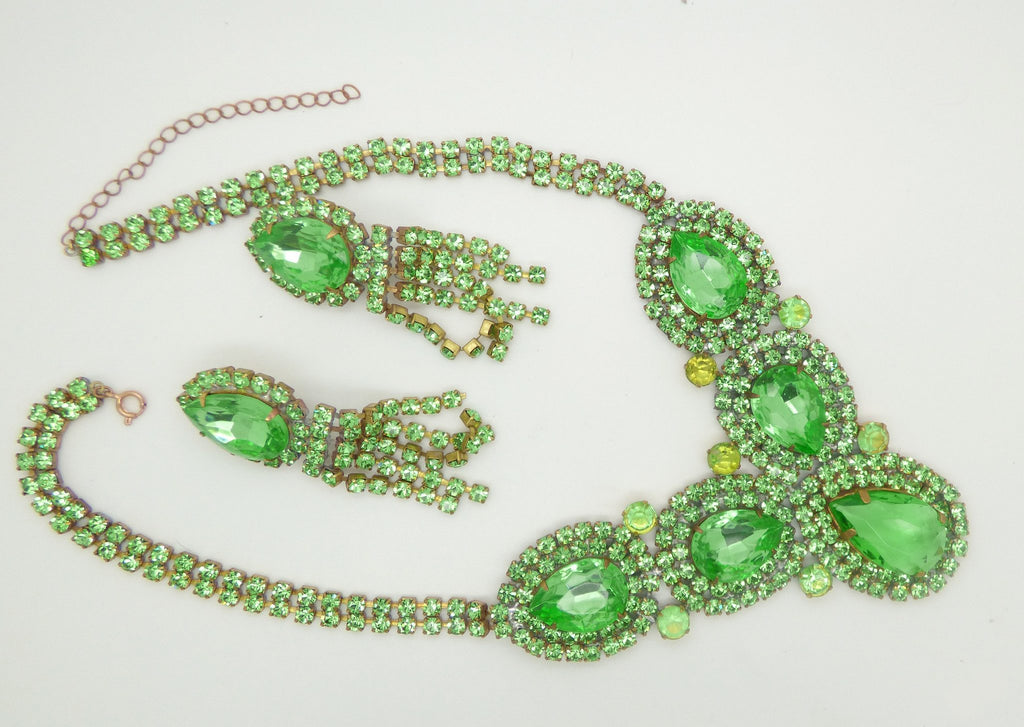 Bright Green Czech Glass Rhinestone Statement Necklace and Matching Clip Earrings - Vintage Lane Jewelry