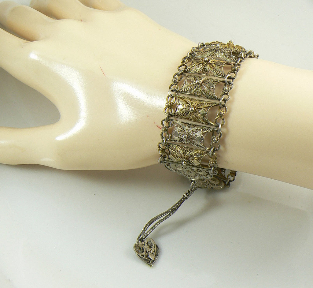 Vintage Art Deco Sterling Silver Gold Gilt Filigree Bracelet - Vintage Lane Jewelry