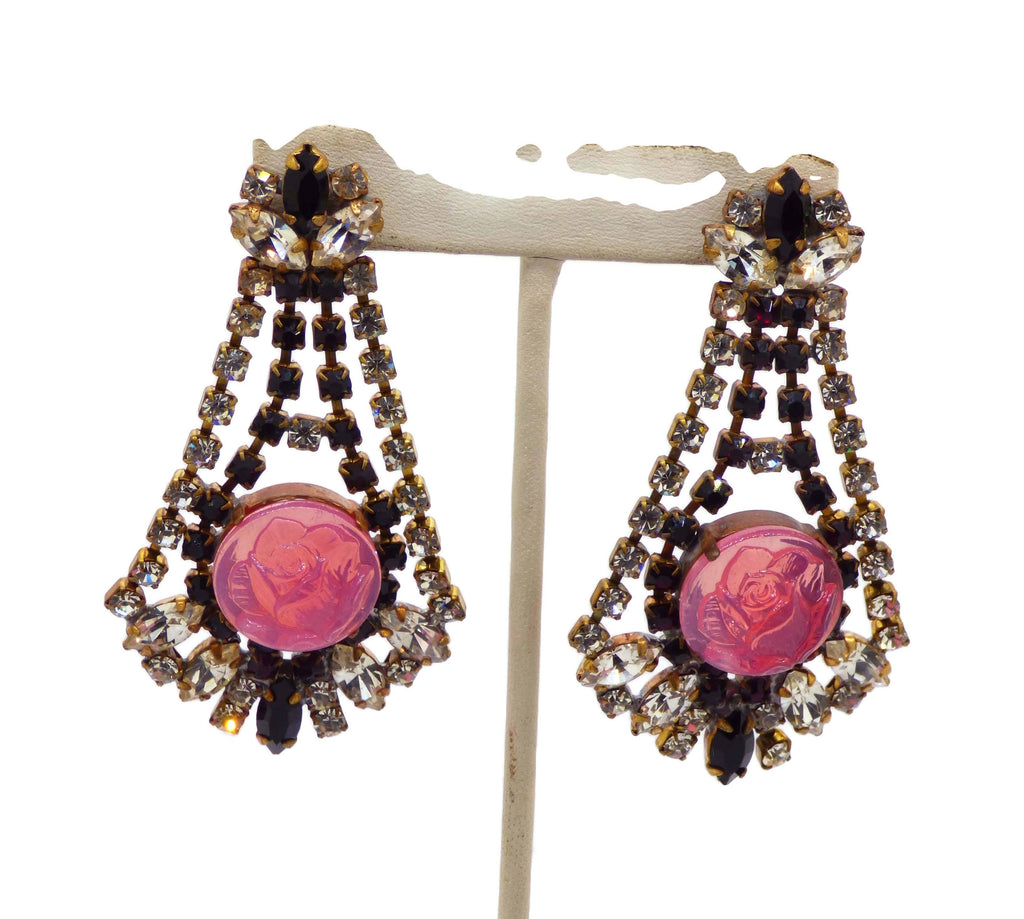 Czech Glass Rhinestone Pink Rose Earrings - Vintage Lane Jewelry