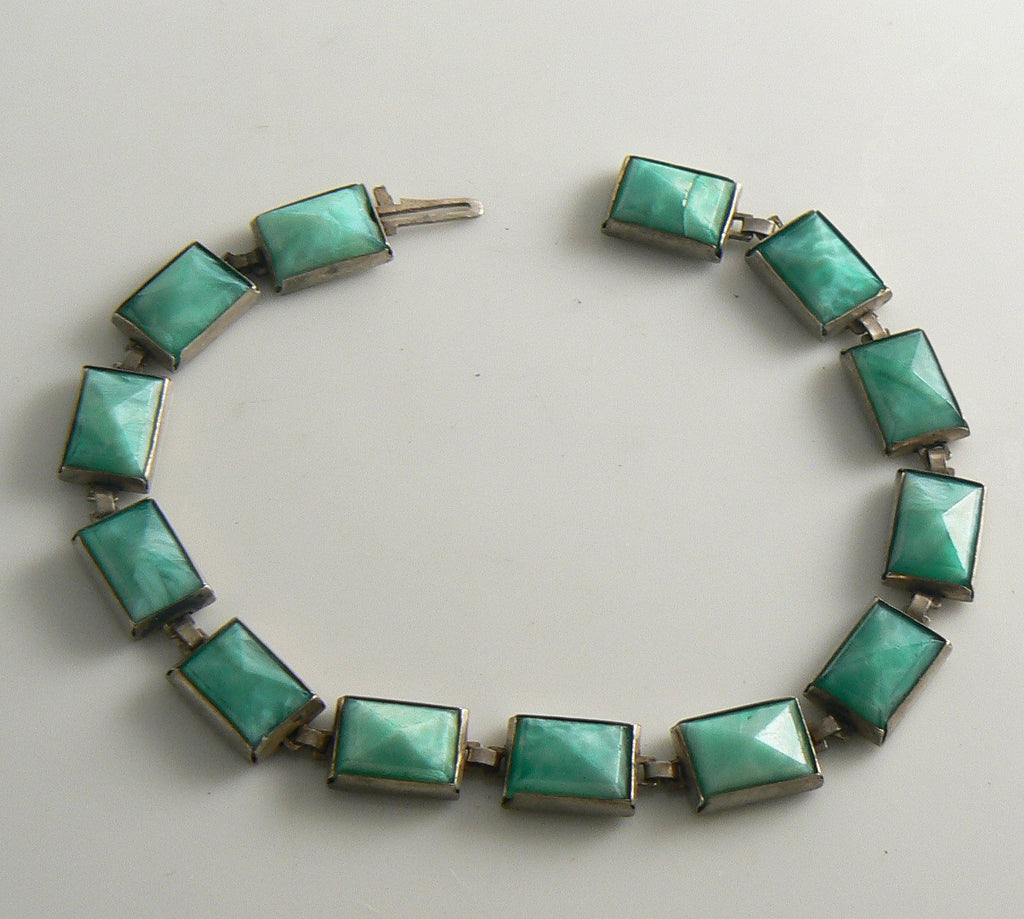 Lovely Art Deco light green stone Sterling silver bracelet - Vintage Lane Jewelry